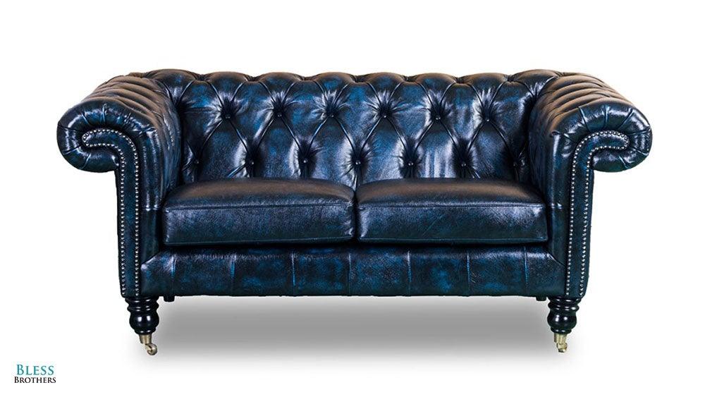 blue leather 2 seater sofa